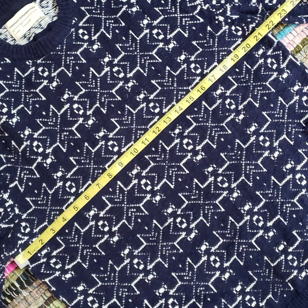 French Connection Mens Crewneck Cotton Sweater Blue with White Snowflakes